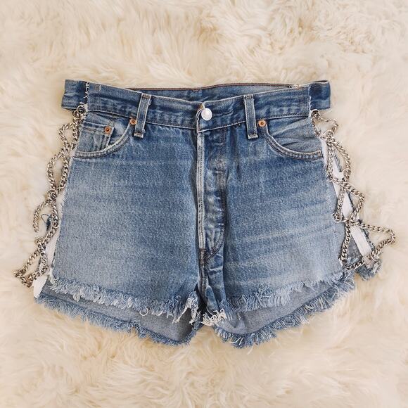 Vintage Reworked Criss Cross Side Chain Denim Shorts